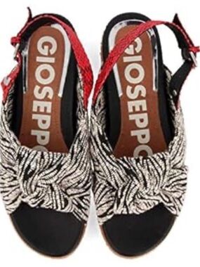 Gioseppo Women’s Black & White Knotted Espadrille Sandal with Red Slingback